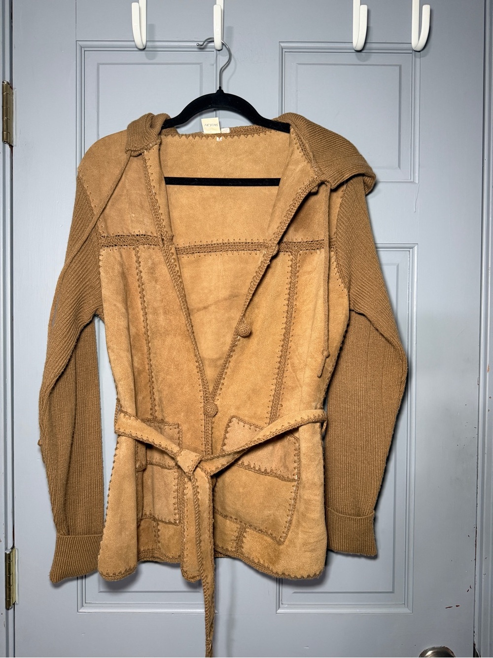 Vintage 80s Genuine Suede Leather Hooded Belted Jacket Sweater Knit Sleeves S/M